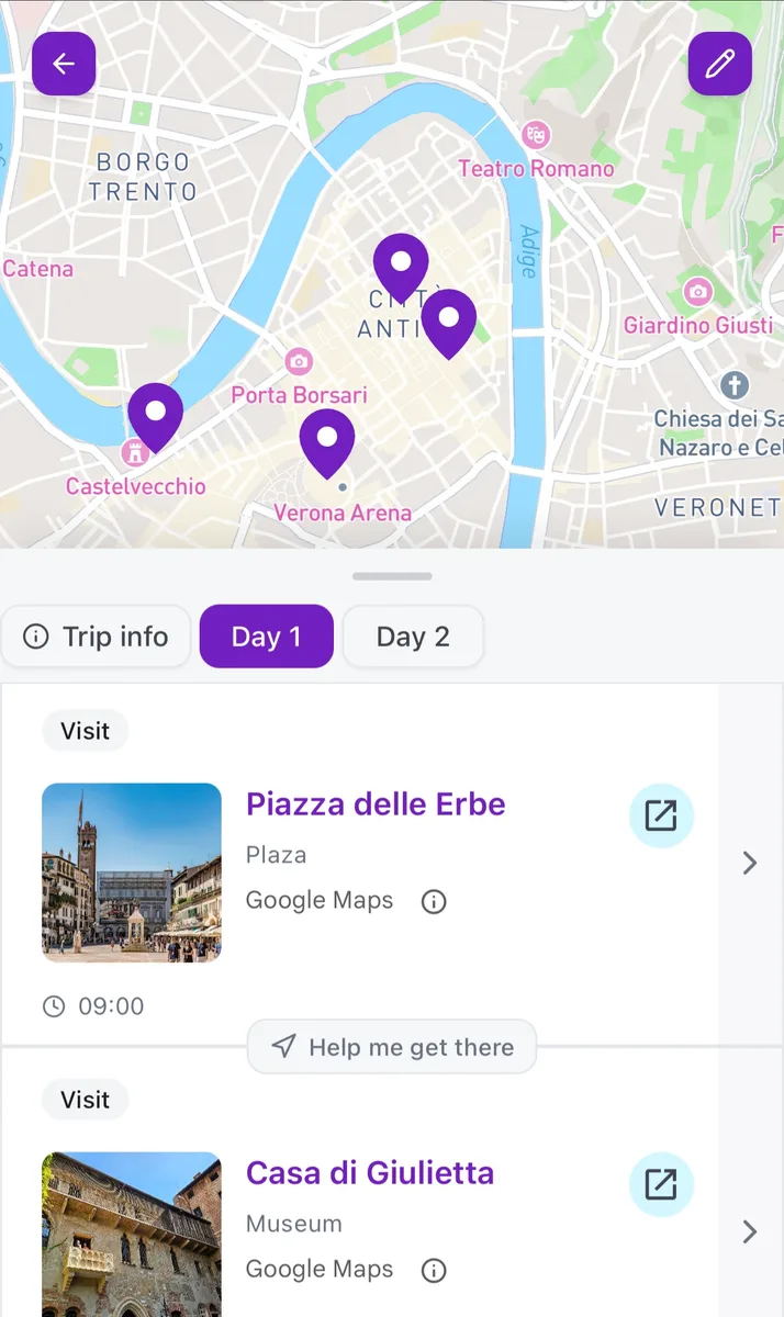 Verona map with itinerary showing Piazza delle Erbe and Casa di Giulietta